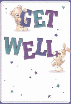This inviting get well card radiates warmth and gentle positivity-a delightful piece that effortlessly channels the neighbourly care so prevalent throughout Wanstead. At its heart, a cuddly bear clings endearingly to the top of 'GET,' while a playful pup, its fur rendered in softly textured strokes, nestles up close to 'WELL,' spelling out the message in bold, expressive letters. The typography bursts with shades of rich purple and tranquil teal, contrasting with the clean, creamy white expanse of the background-a visual echo of the fresh, uplifting tones often found in a Flowers Wanstead bouquet. Scattered around the cheerful duo are luminous starbursts: some a deep indigo, others soft periwinkle, shimmering like hopeful wishes drifting down Overton Drive. There's an almost palpable softness to every detail, from the fluffy bear's rounded paws to the puppy's floppy ears, conveying the tactile comfort of a warm hug and the reassurance that comes from thoughtful gestures during illness. The crisp composition creates a sense of clarity and lightness, echoing the carefully curated arrangements ready for same-day delivery across Wanstead. Just as a florist selects each bloom to bring comfort, this card arranges colour and character to offer a moment of brightness, reminding us how simple, sincere care can help a loved one on their way to recovery.